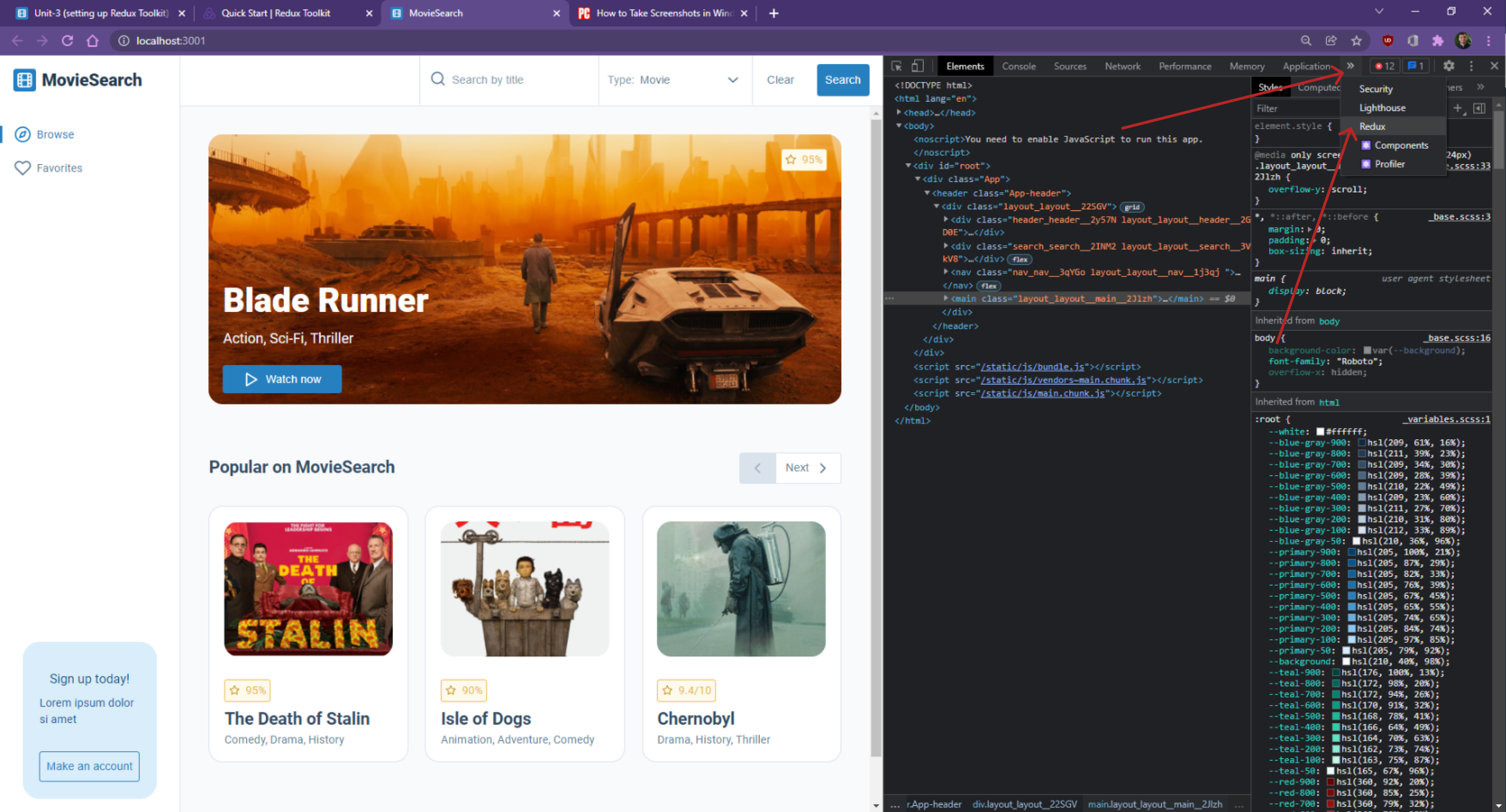Accessing Redux DevTools extension in google devtools screen shot