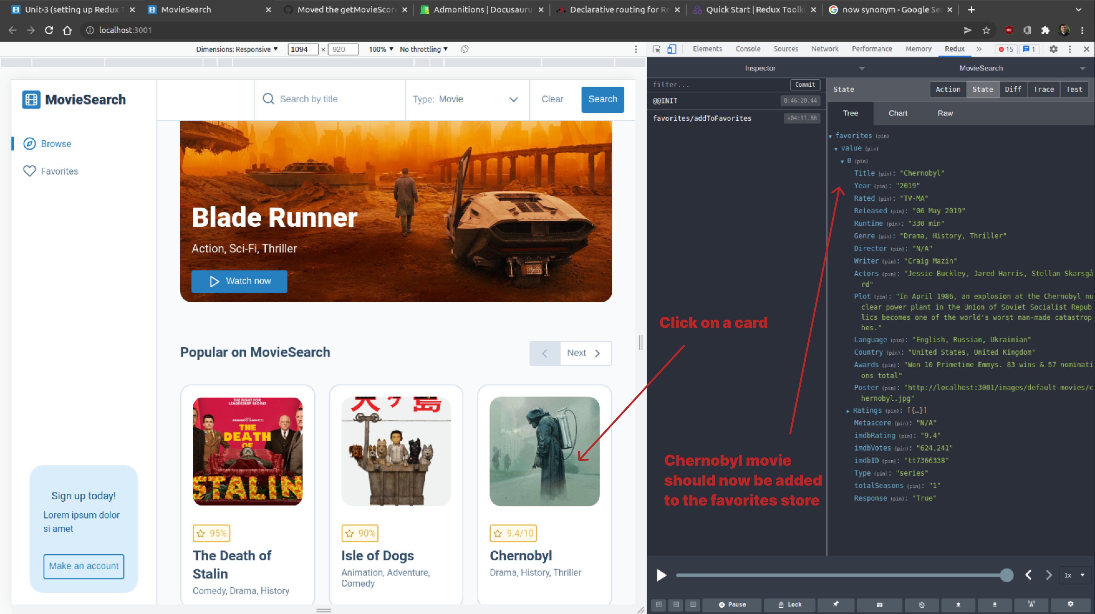 Inspecting our state in Redux DevTools after adding a new movie screenshot