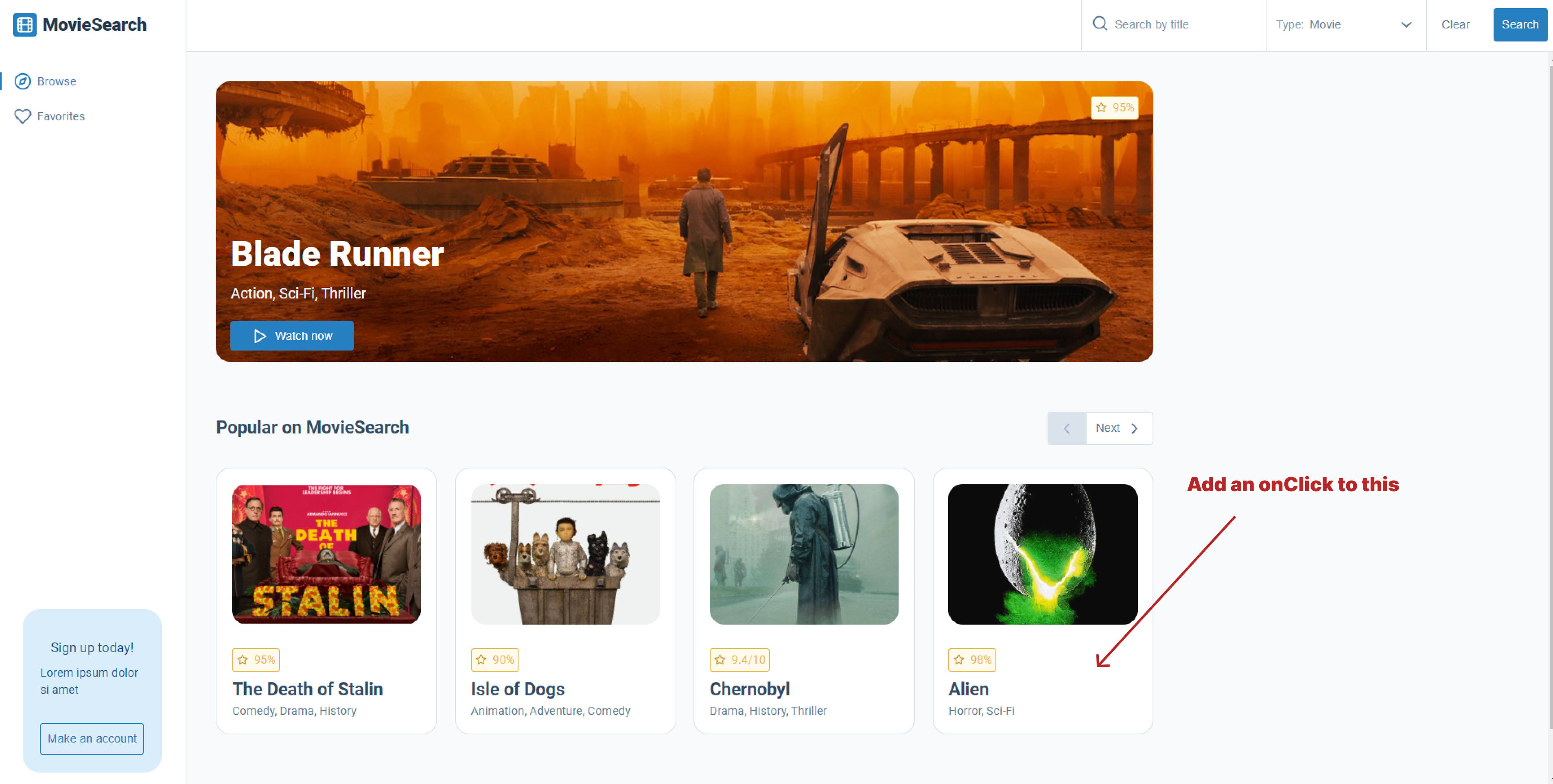Annotated pagination cards screenshot showing the user where to add the onclick to