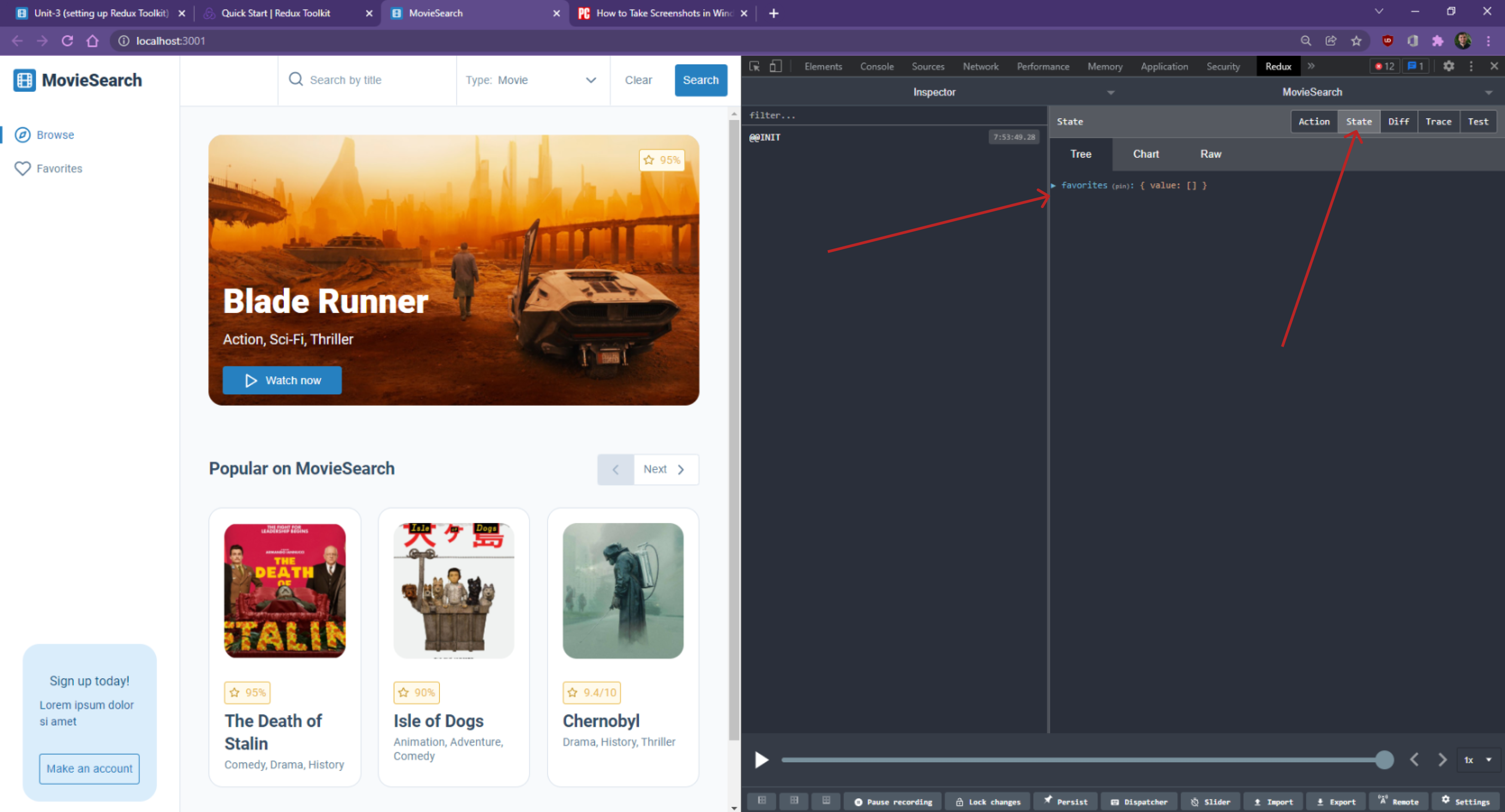 Inspecting our state in Redux DevTools screenshot