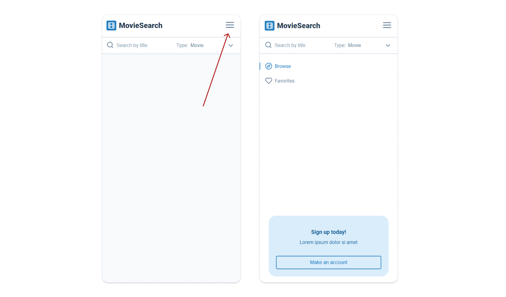 Two screenshots of the mobile navigation 