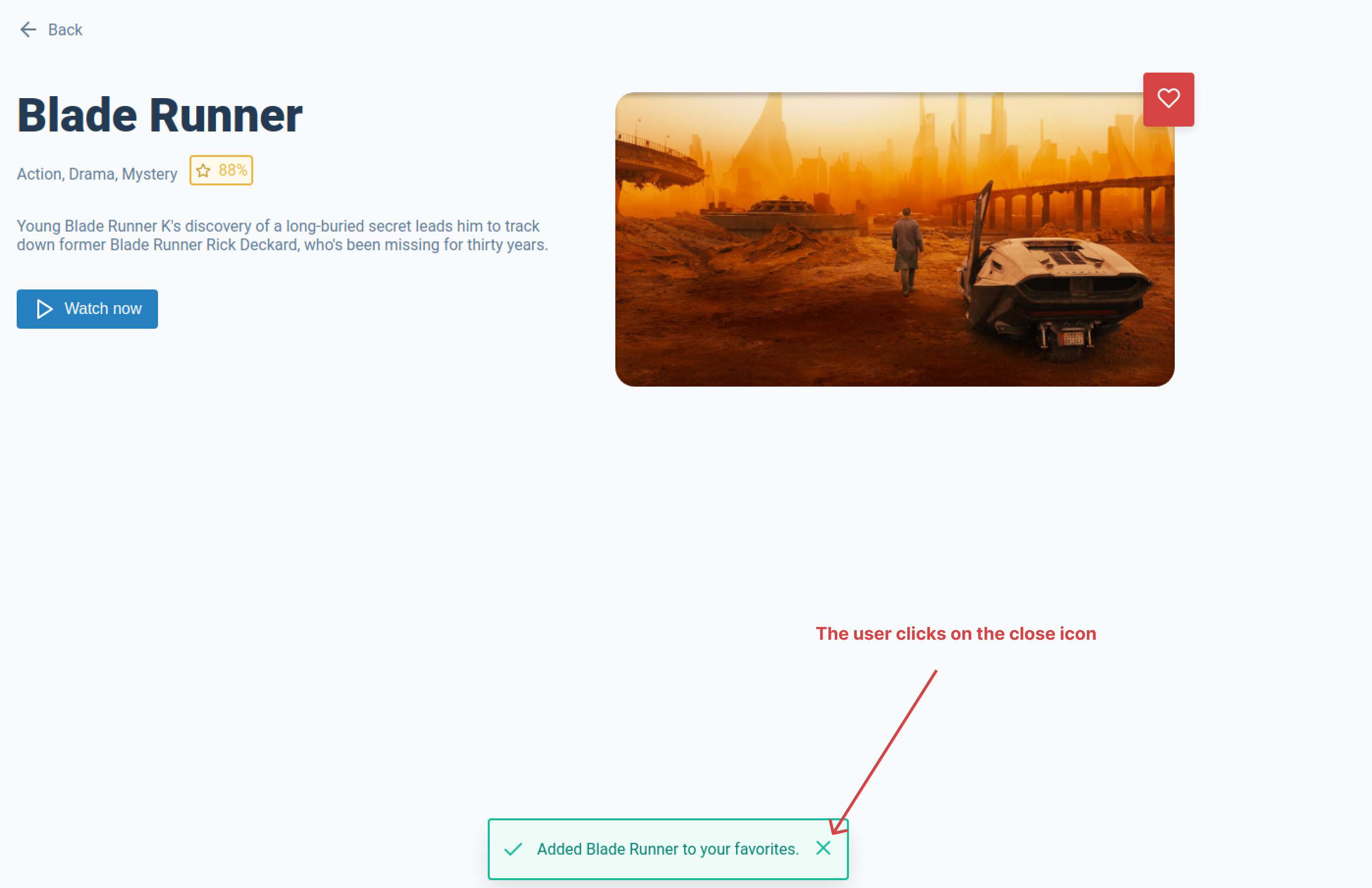 Screenshot of the movie section showing the toast with an annotated close icon